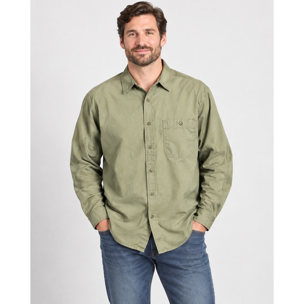 Duluth Trading Co Mens 2XL Tall Olive Green Cotton Twill Workwear Shirt Gorpcore